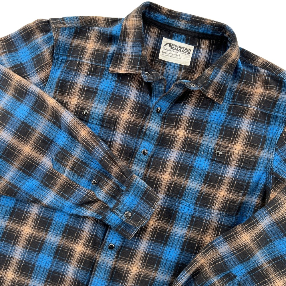 Mountain Khakis Saloon Flannel Shirt Men Large Relaxed Fit Blue Brown Plaid Gorp